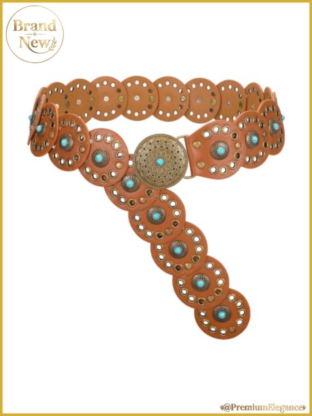 Women Concho Disc Western Belt PU Leather Turquoise Antique Bronze